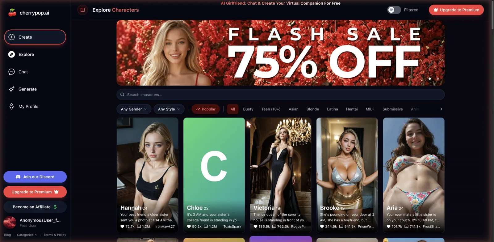 CherryPop AI explore page with a large library of community AI girlfriend characters
