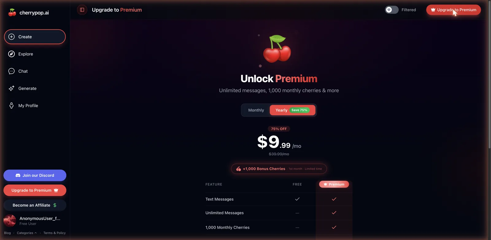 CherryPop AI premium pricing at 9.99 per month yearly