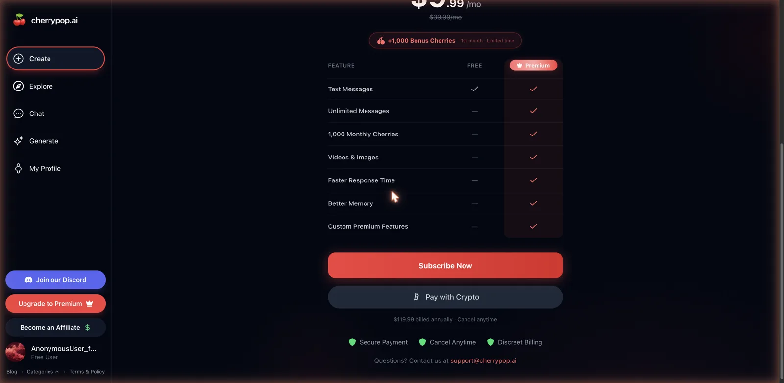 CherryPop AI free versus premium feature comparison