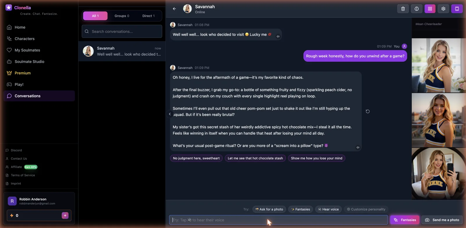 Clonella chat conversation with an AI character