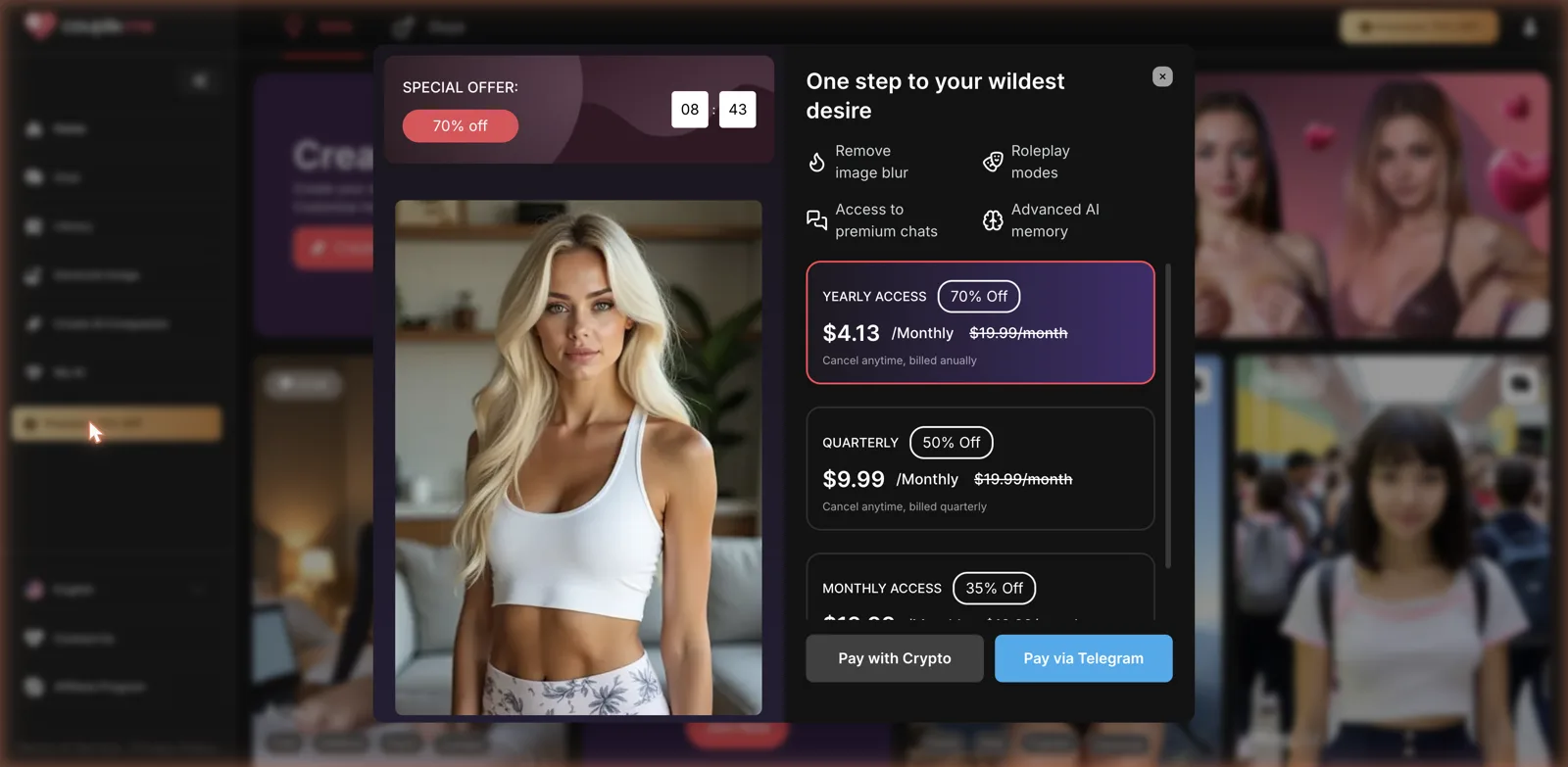 Couple.me pricing with a very low annual plan and Telegram payment