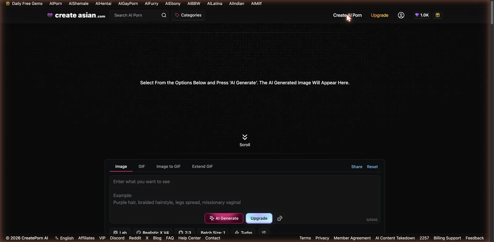 CreateAIAsian generator page with a prompt box and model controls