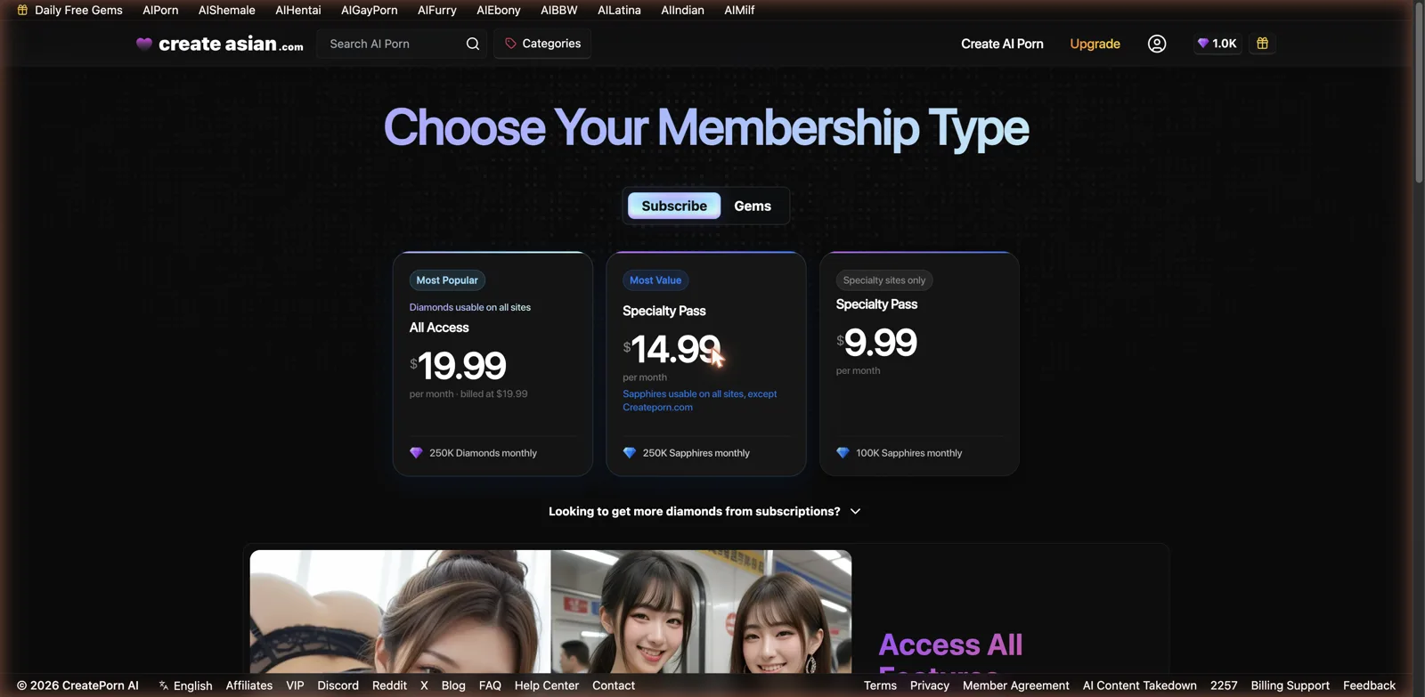 CreateAIAsian membership pricing with network-wide diamonds and sapphires