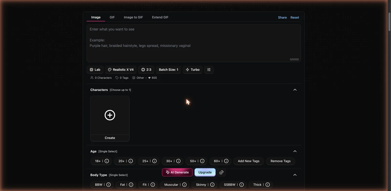 CreateAIIndian AI porn generator create page