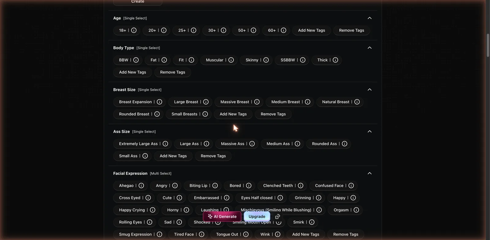 CreateAIIndian menu-driven tag options