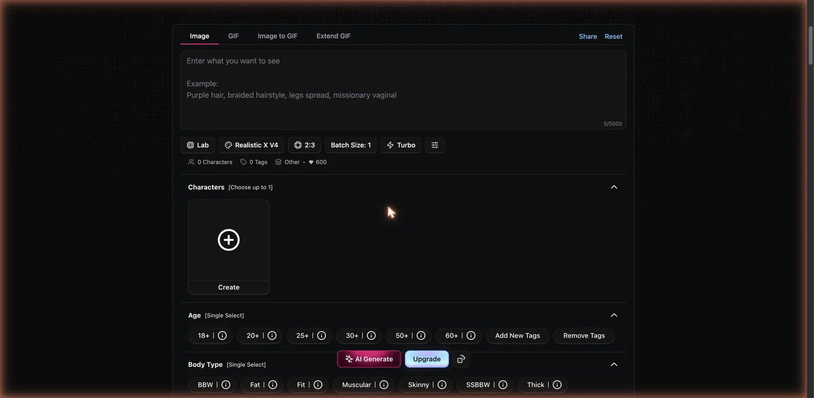 CreateAILatina AI porn generator create page