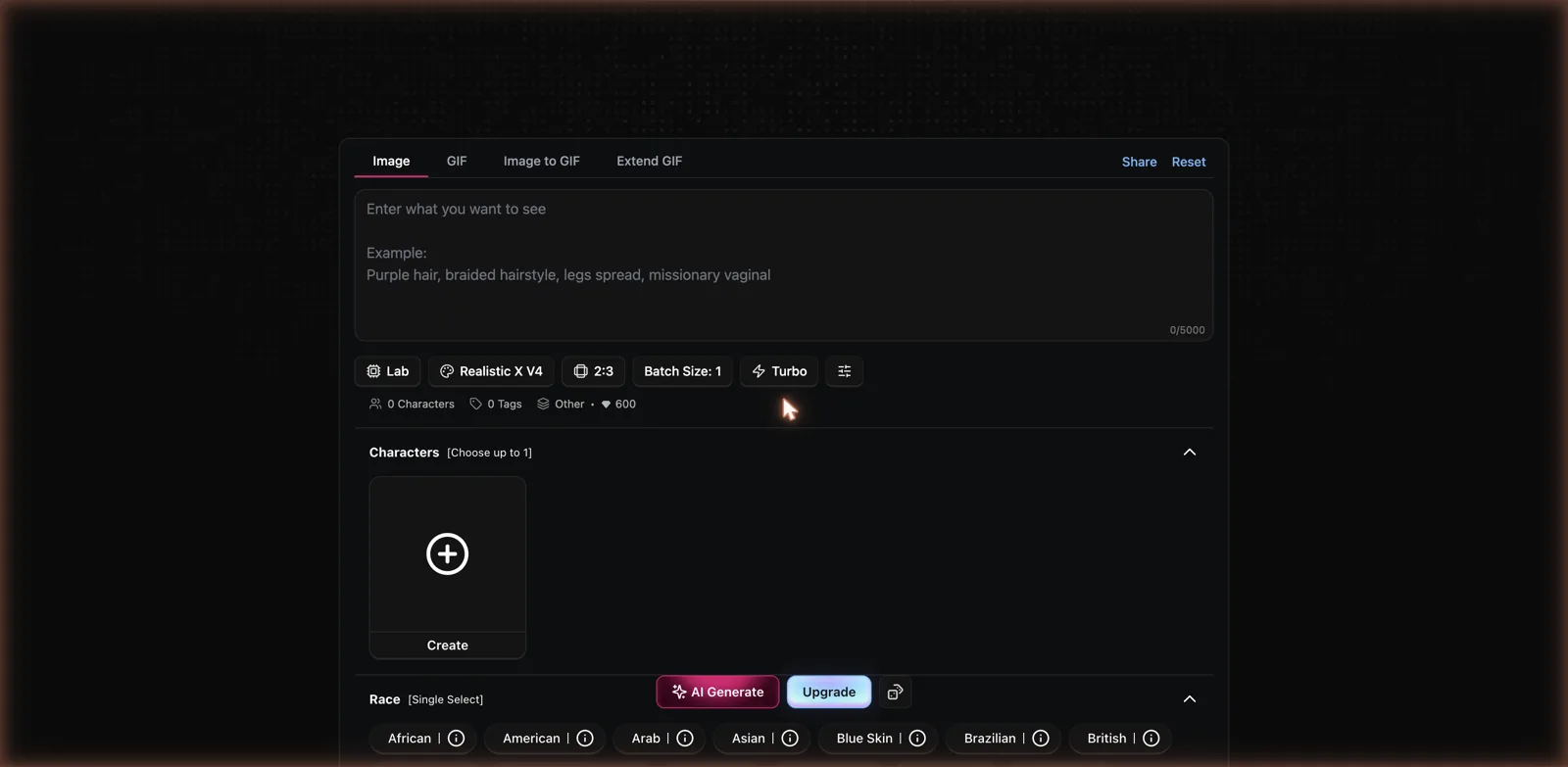 CreateAIShemale generation studio with Image, GIF, Image to GIF and Extend GIF tabs, a prompt box, and model options