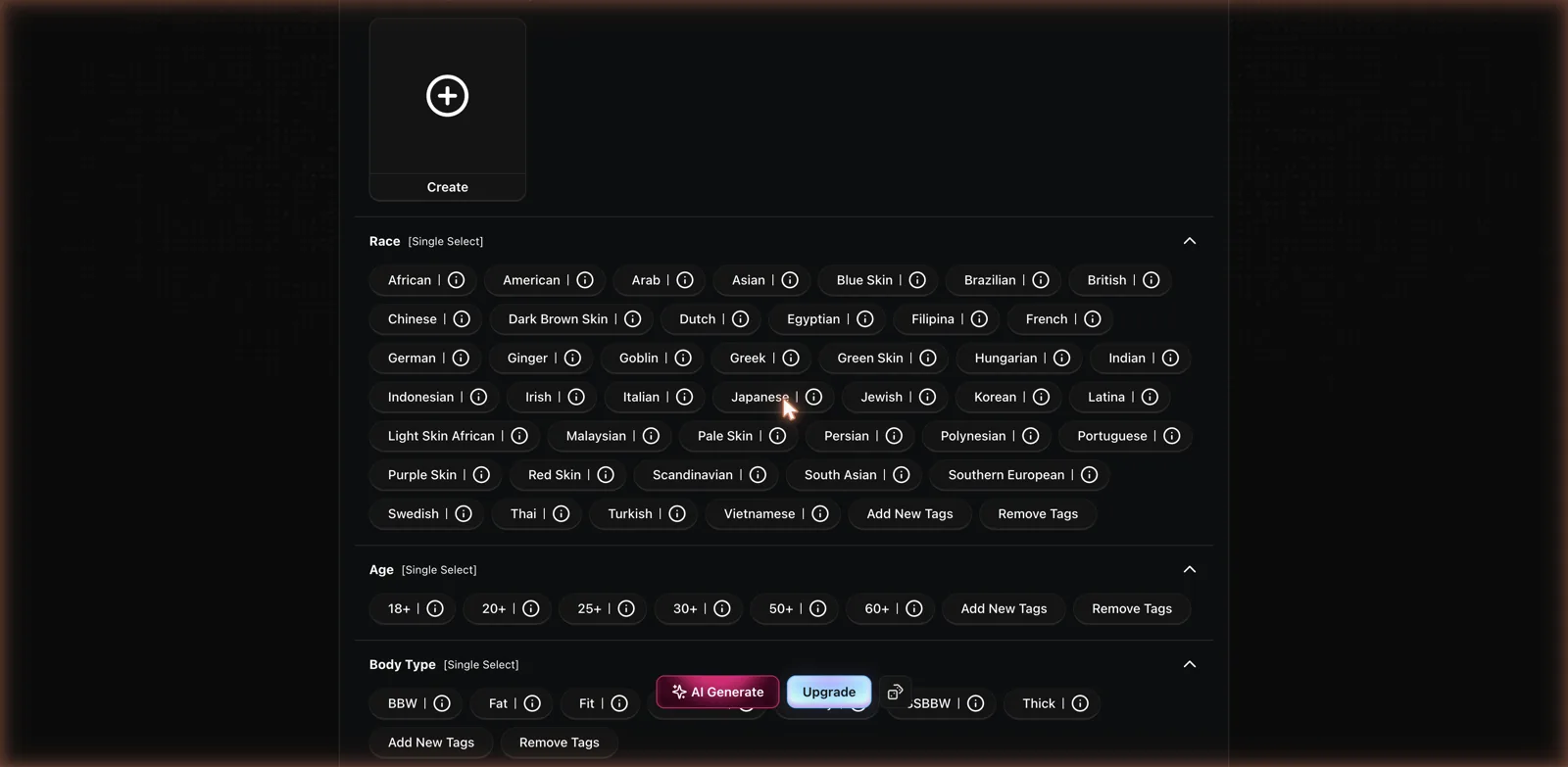 CreateAIShemale tag menus for Race, Age, and Body Type with an option to add or remove custom tags
