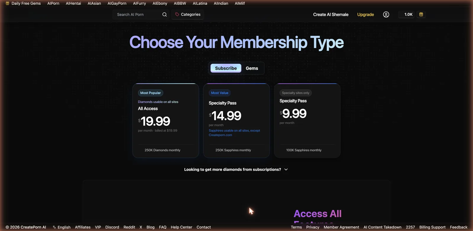 CreateAIShemale membership pricing with All Access at 19.99, Specialty Pass at 14.99 and 9.99, and a Diamonds versus Sapphires currency system