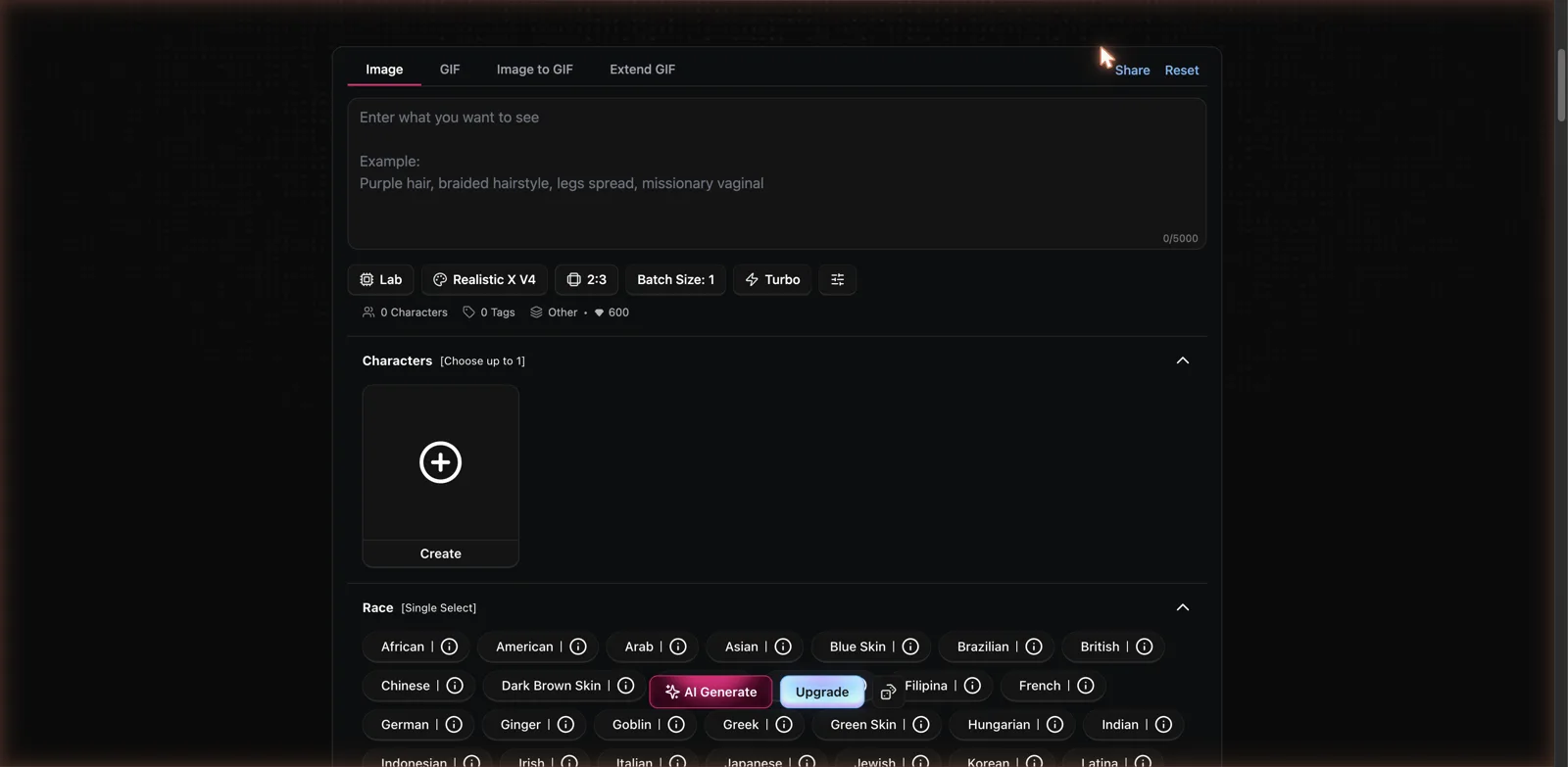 CreateBBW AI porn generator create page