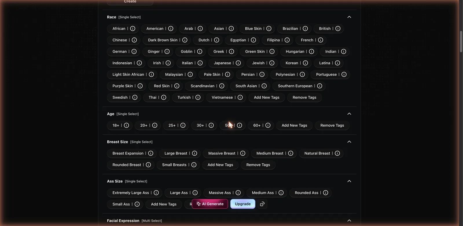 CreateBBW menu-driven tag options for race, age, and body