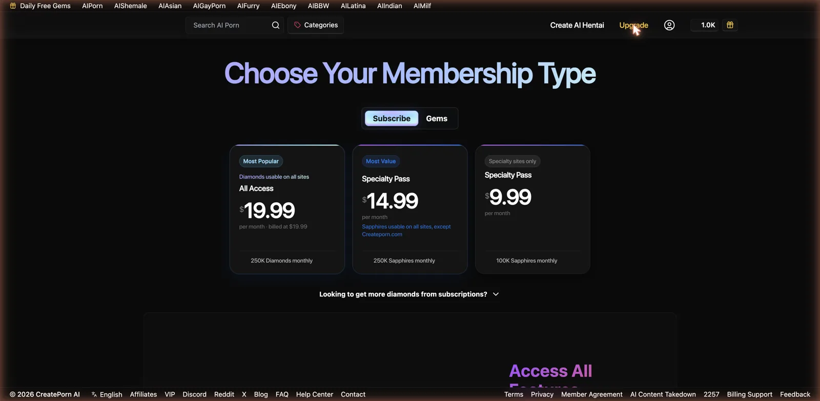 CreateHentai pricing showing All Access at 19.99 and Specialty Passes at 14.99 and 9.99 dollars a month