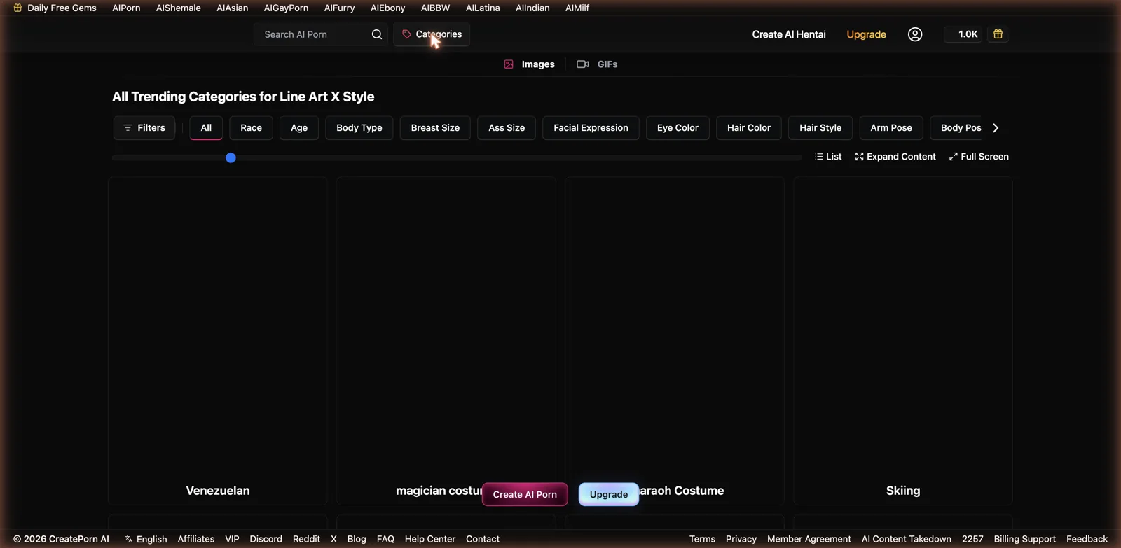 CreateHentai category filters including race, age, body type, breast size, facial expression, and pose