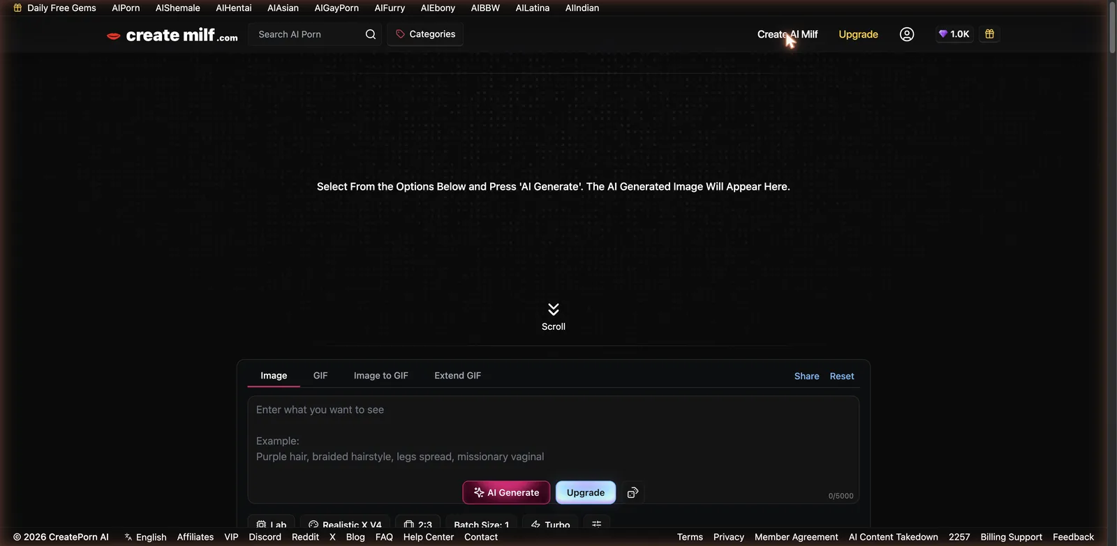 CreateMilf AI porn generator create page
