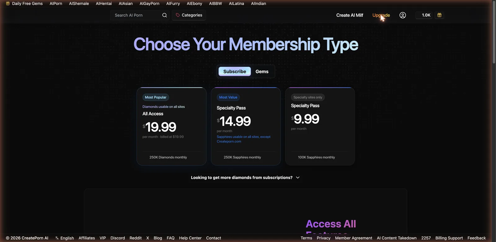 CreateMilf membership pricing tiers