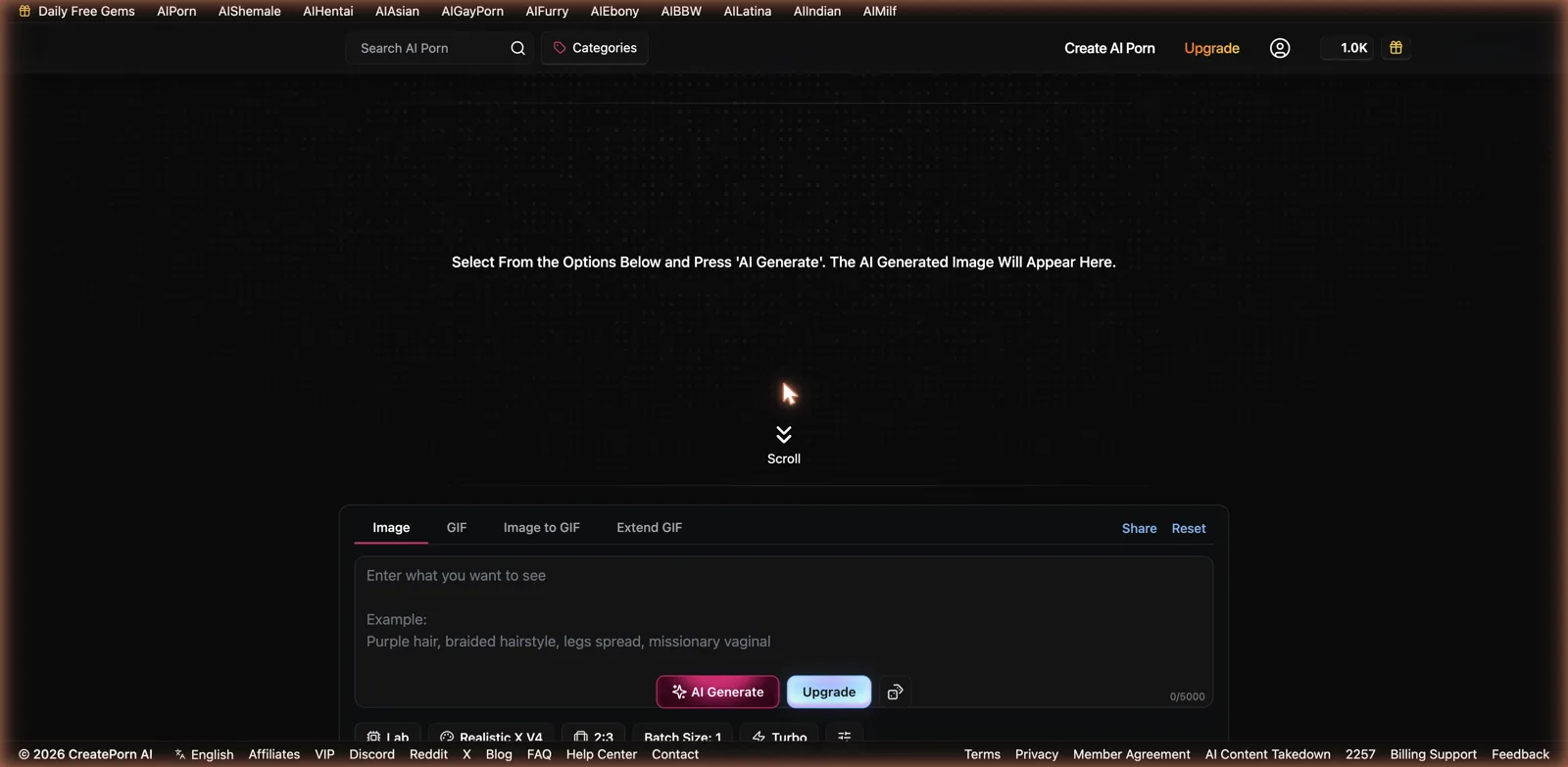 CreatePorn generation studio with Image, GIF, Image to GIF and Extend GIF tabs, a prompt box and model options