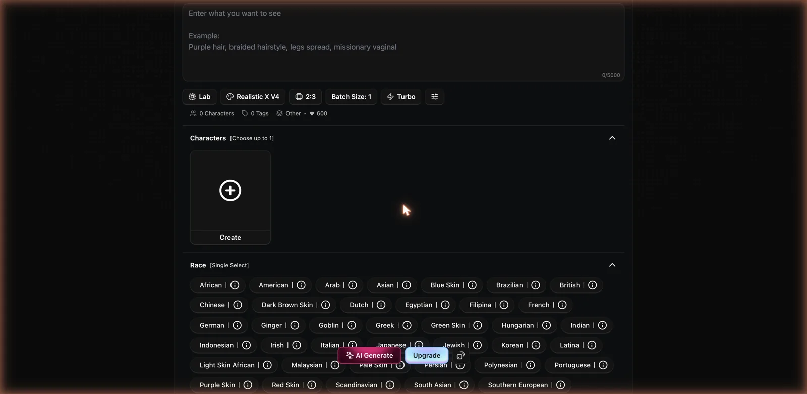 CreatePorn tag menus with a reusable Characters slot and a large Race single-select list
