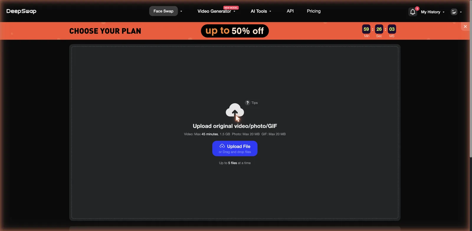 DeepSwap face swap page prompting you to upload an original video, photo, or GIF