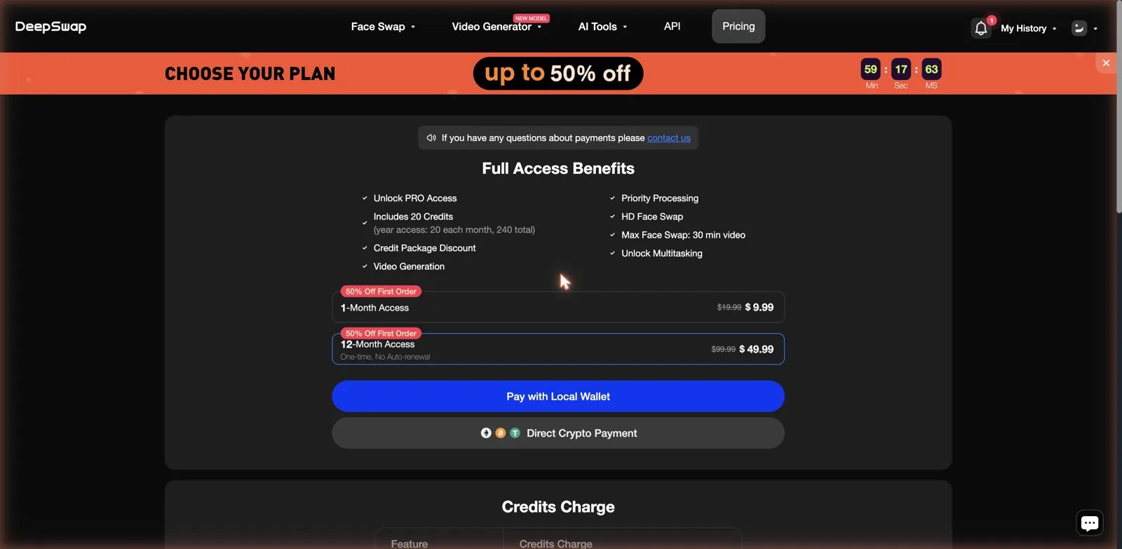 DeepSwap pricing showing a 1-month plan near 9.99 dollars and a 12-month one-time plan near 49.99 dollars
