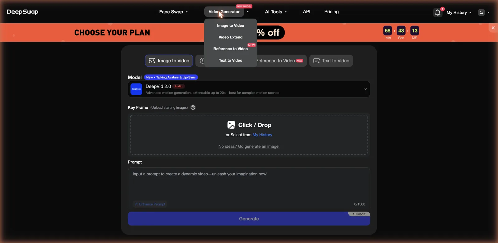 DeepSwap video generator with image to video, text to video, and video extend options powered by DeepVid 2.0