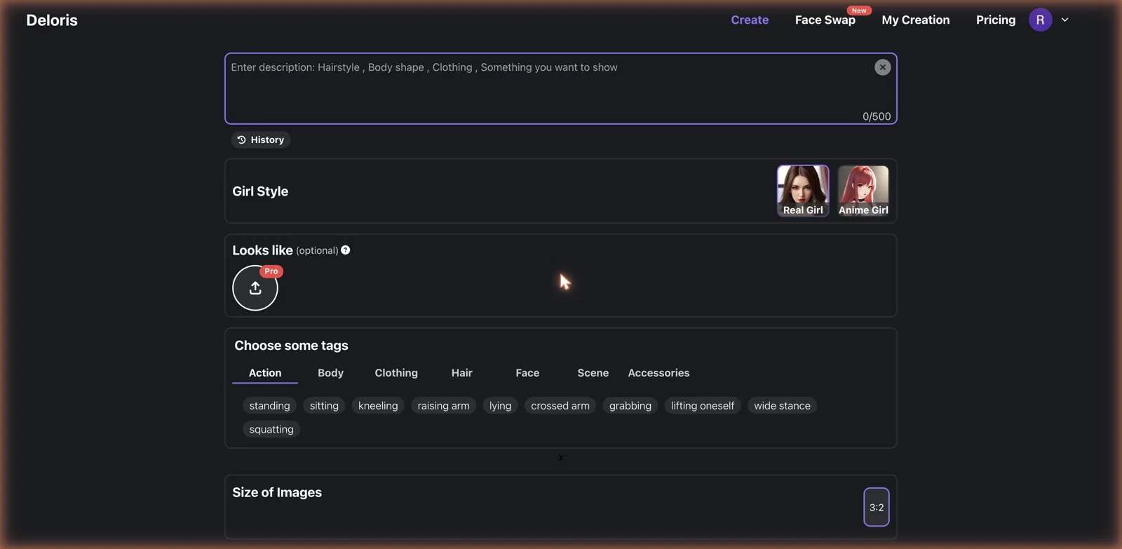 Deloris AI image generator create page