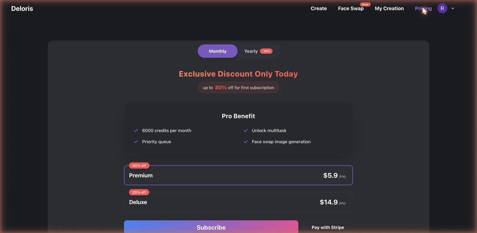 Deloris AI pricing screenshot