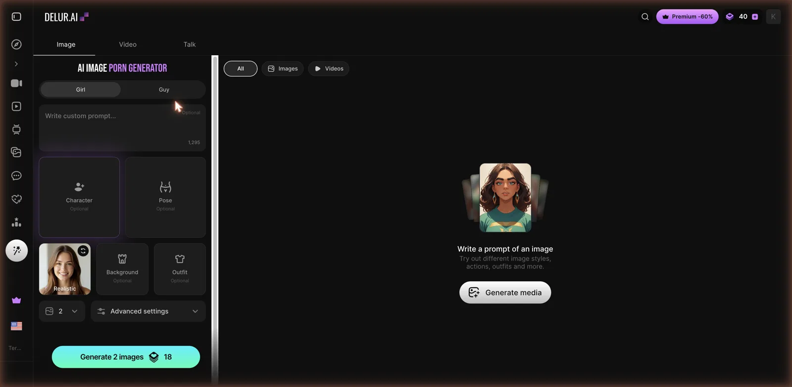 Delur.ai AI image porn generator interface