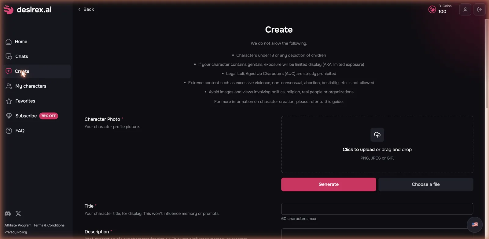 Desirex.ai character creation page with content policy