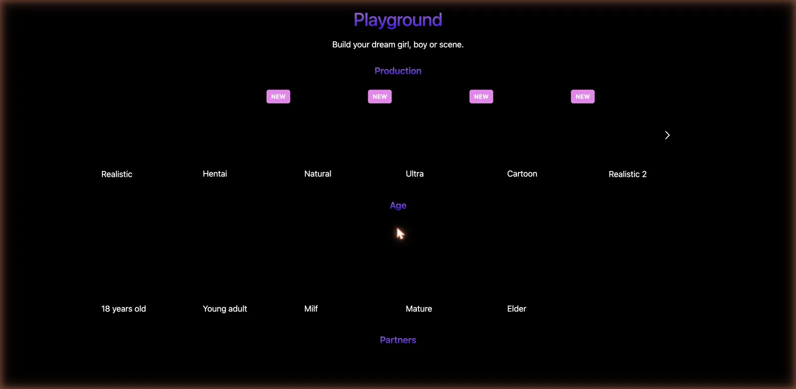 Dessi Playground builder with style options like Realistic, Hentai, Natural, Ultra and Cartoon plus Age brackets