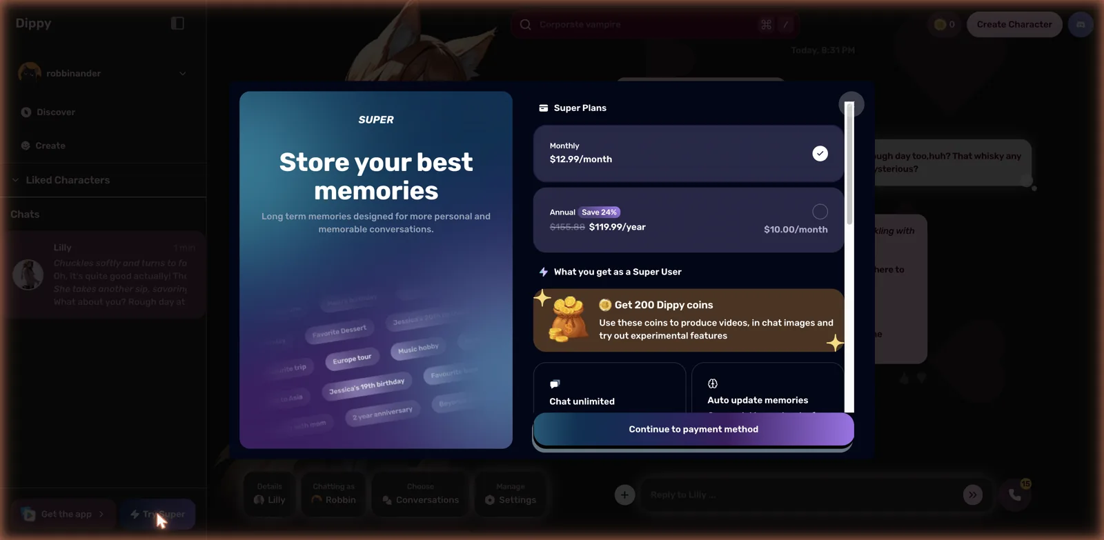 Dippy AI Super subscription pricing page