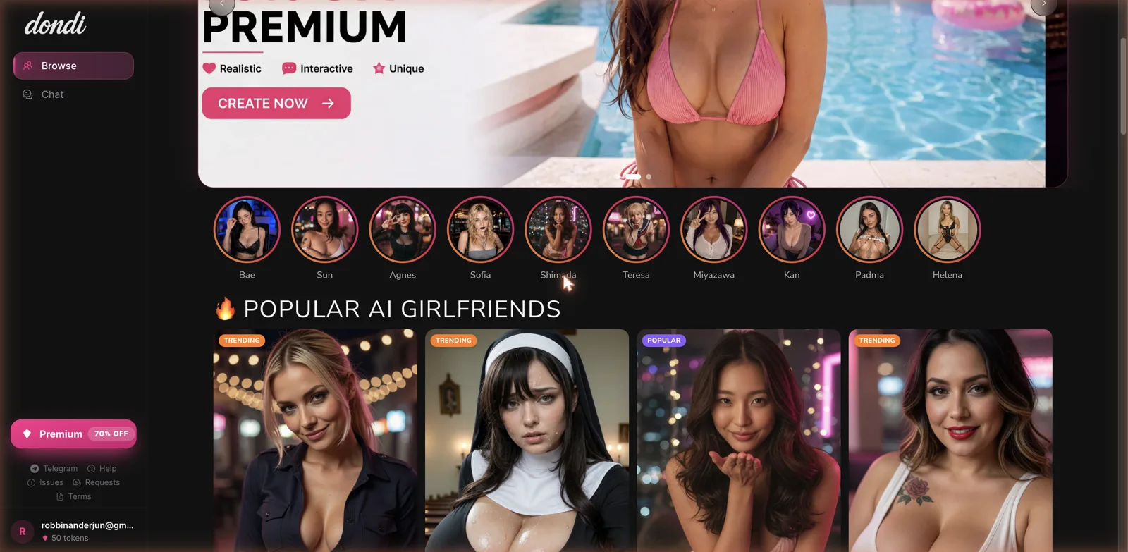 Dondi AI browse gallery of AI girlfriends with trending and popular characters
