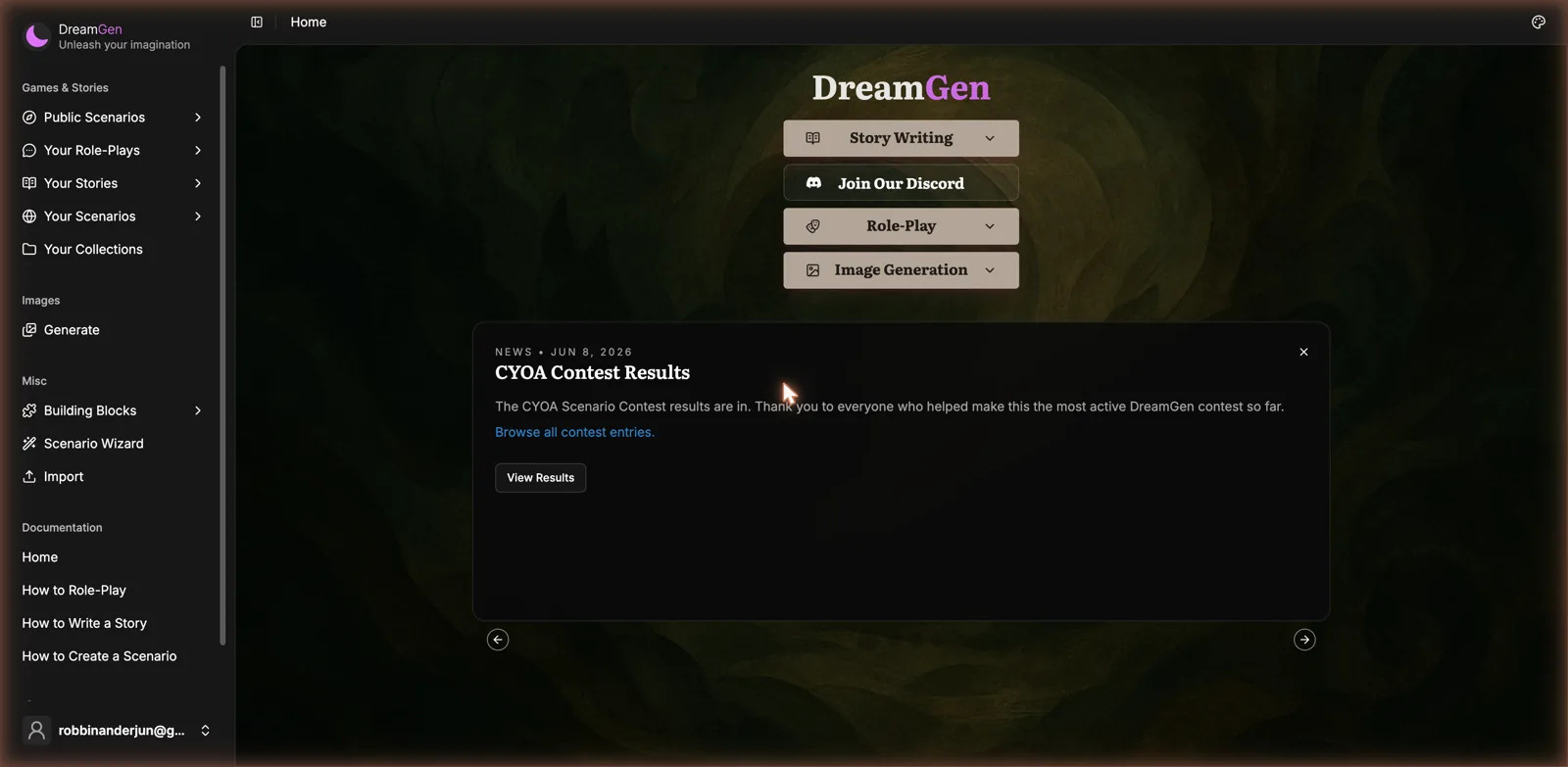 DreamGen home screen with options for Story Writing, Role-Play, and Image Generation