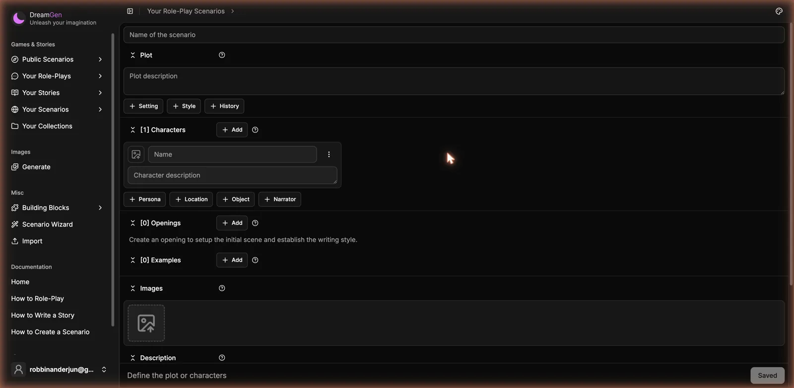 DreamGen scenario editor with plot, characters, personas, openings, and examples