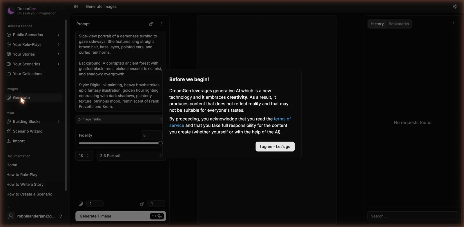 DreamGen image generator with prompt, model, fidelity, and resolution controls plus a content notice