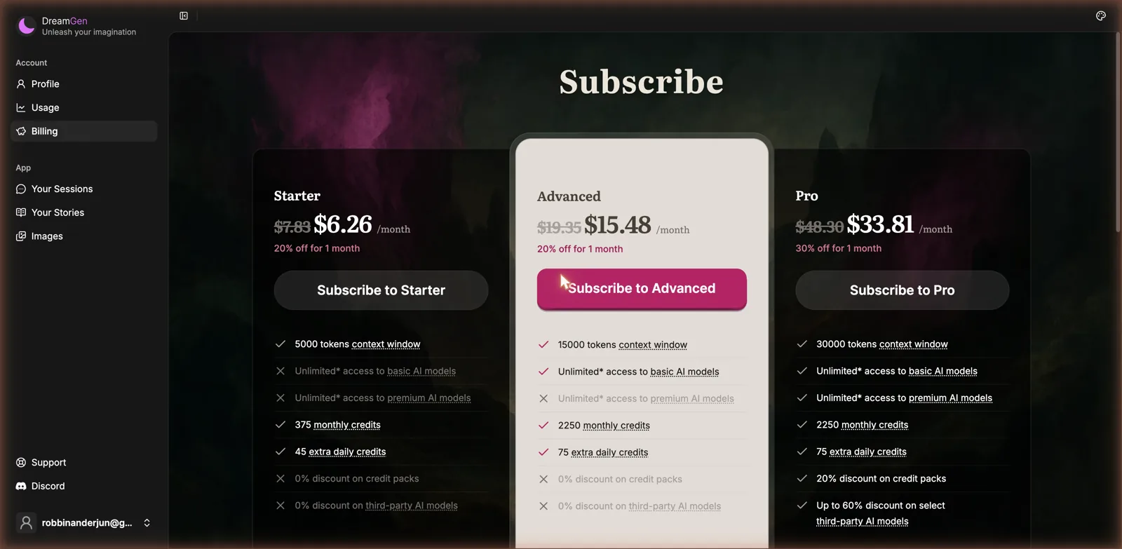DreamGen subscription plans Starter, Advanced, and Pro with context window and credit differences