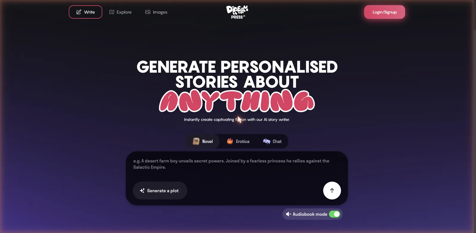 DreamPress AI story generator home with Novel, Erotica, and Chat modes and a prompt box