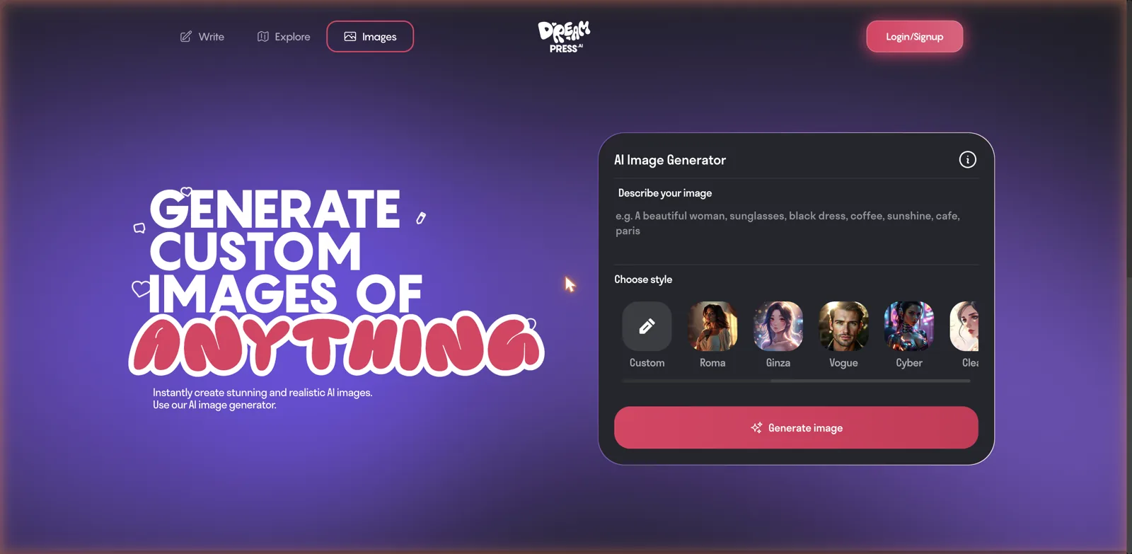 DreamPress AI image generator with a prompt box and style presets named Roma, Ginza, Vogue, and Cyber