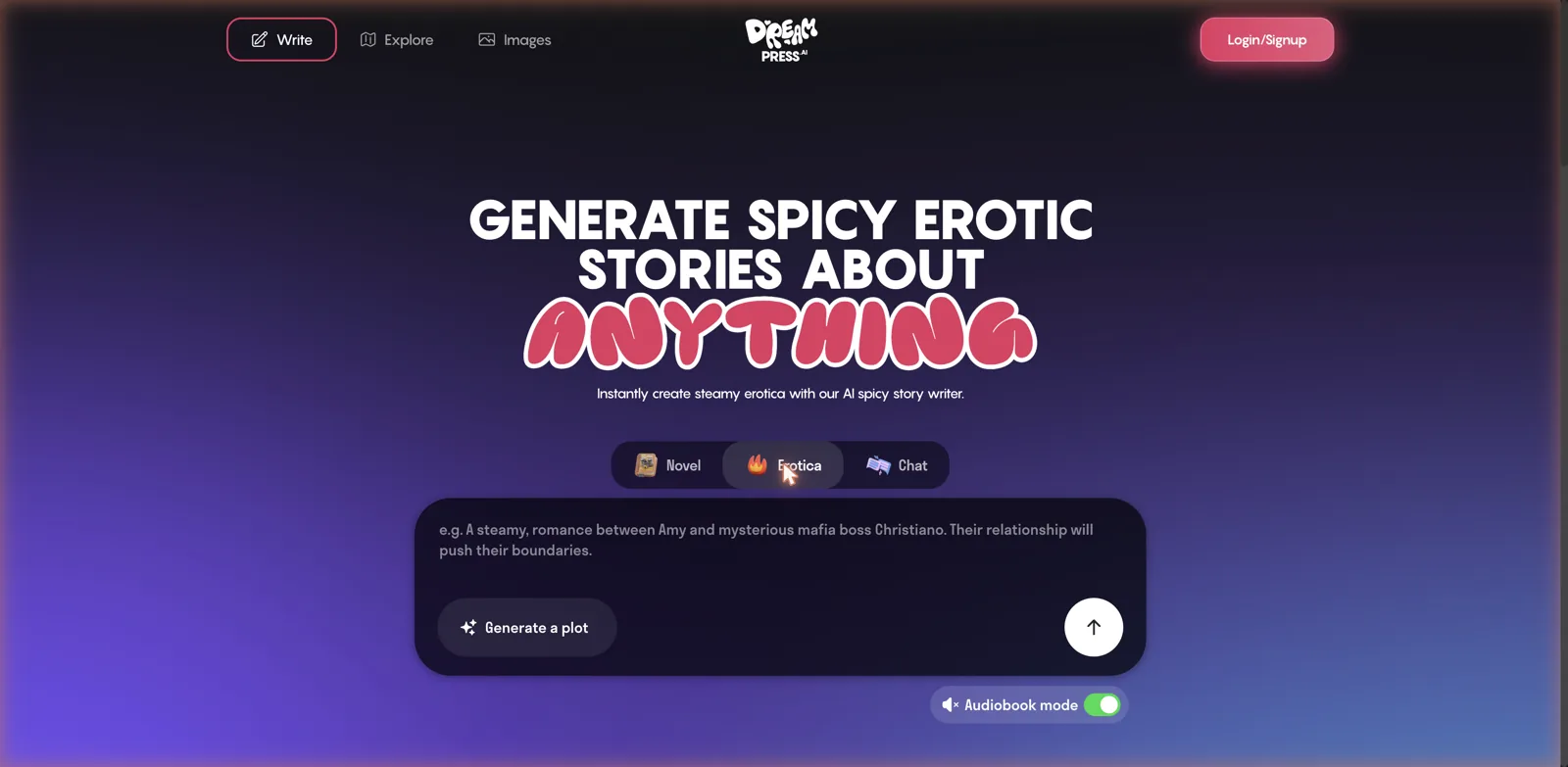 DreamPress Erotica mode selected with a headline about generating spicy erotic stories and an audiobook mode toggle