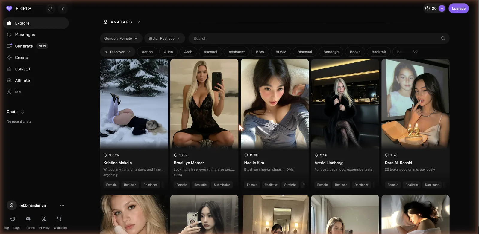 Egirls.ai explore grid of AI companion avatars