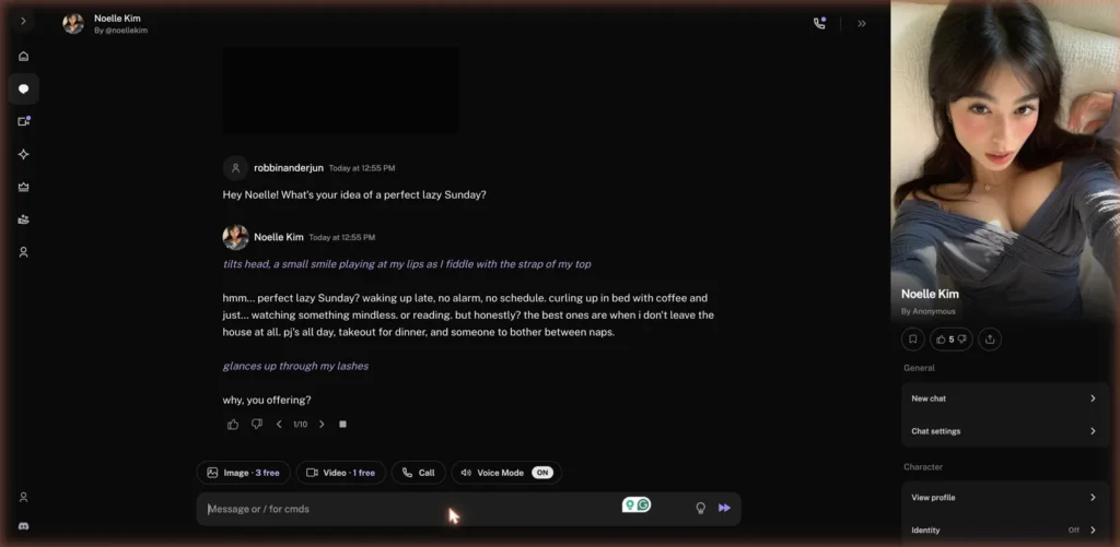Egirls.ai chat conversation with an AI character