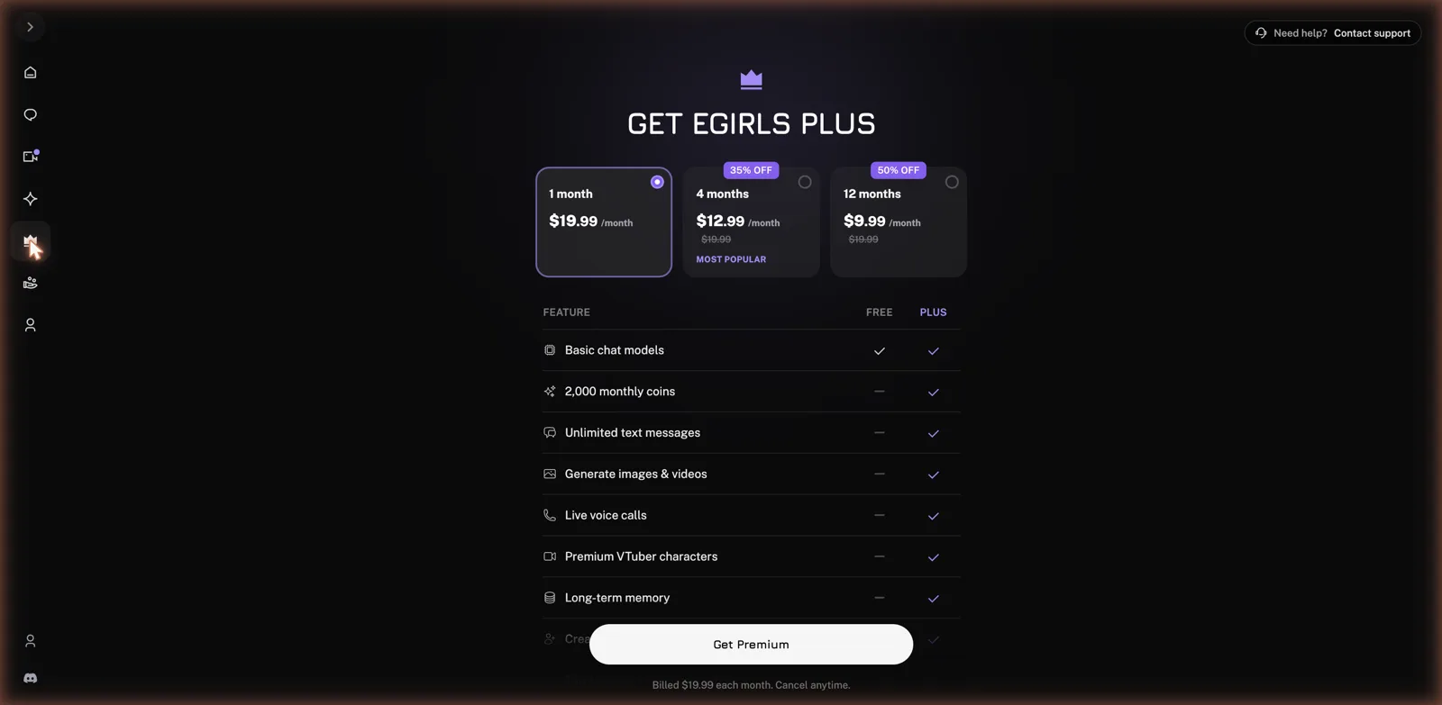 Egirls.ai subscription pricing screen
