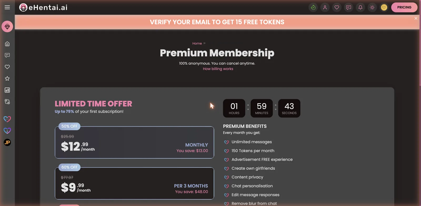 eHentai.ai premium membership pricing with countdown timer and discounts around $9.99 to $12.99 per month