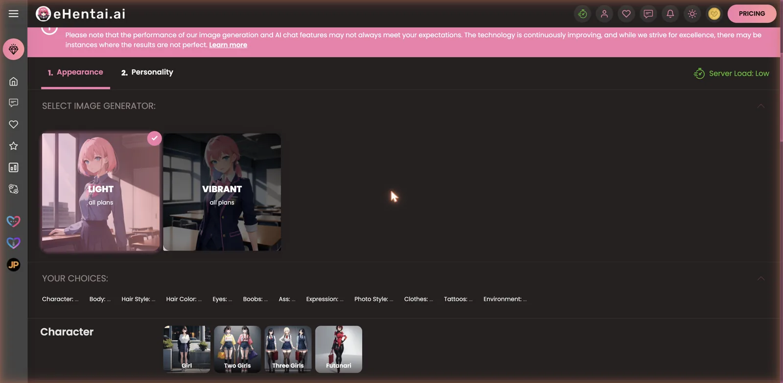 eHentai.ai Dream Girl Builder with image generator styles and granular appearance options