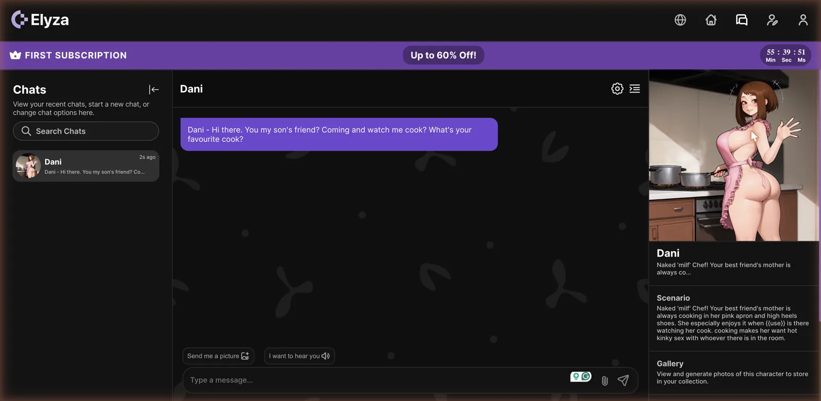 Elyza chat interface with a companion, quick buttons for sending a picture and a voice note, and a scenario panel
