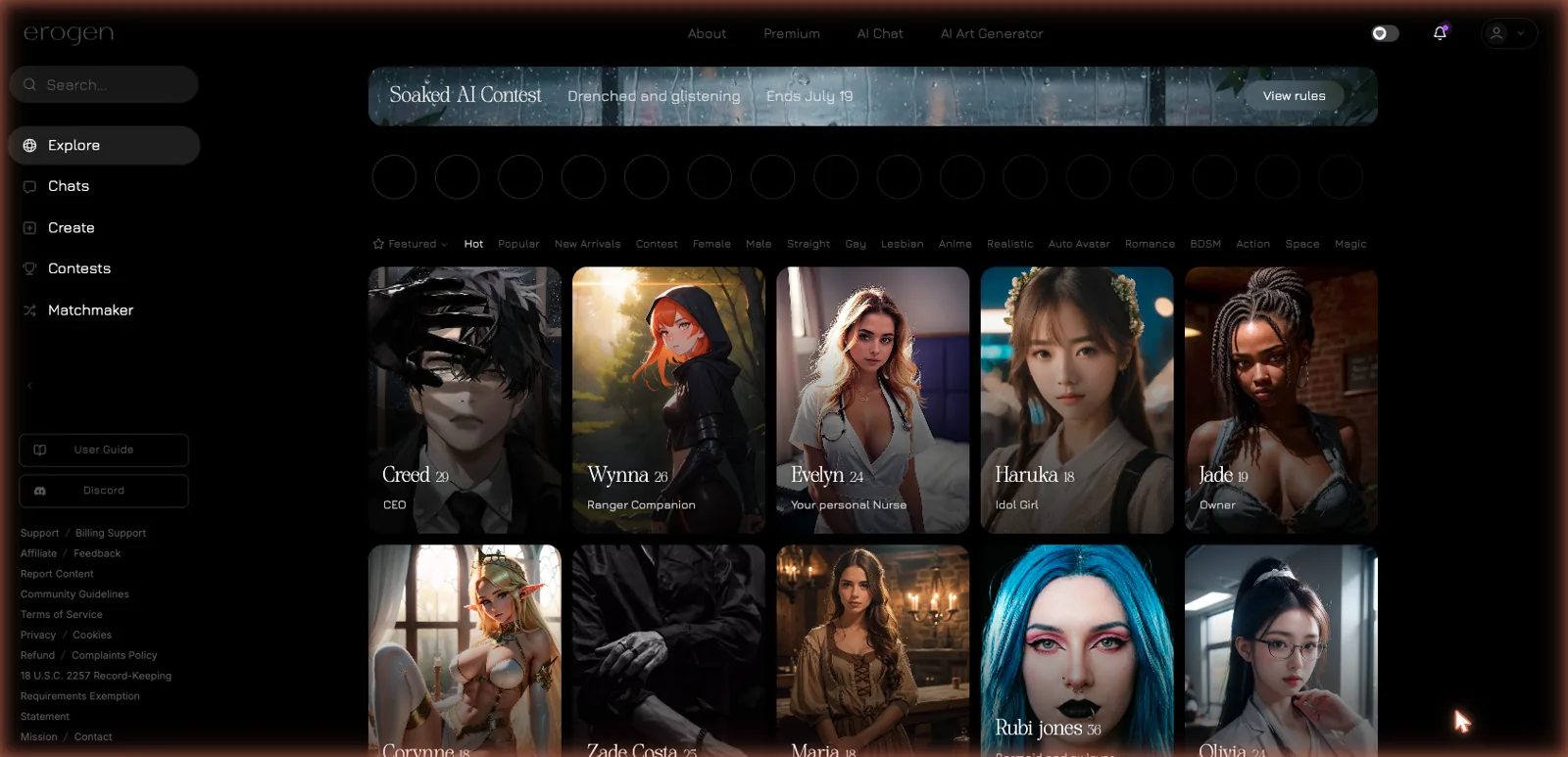 Erogen home page character library grid with anime and realistic AI companions and category filters