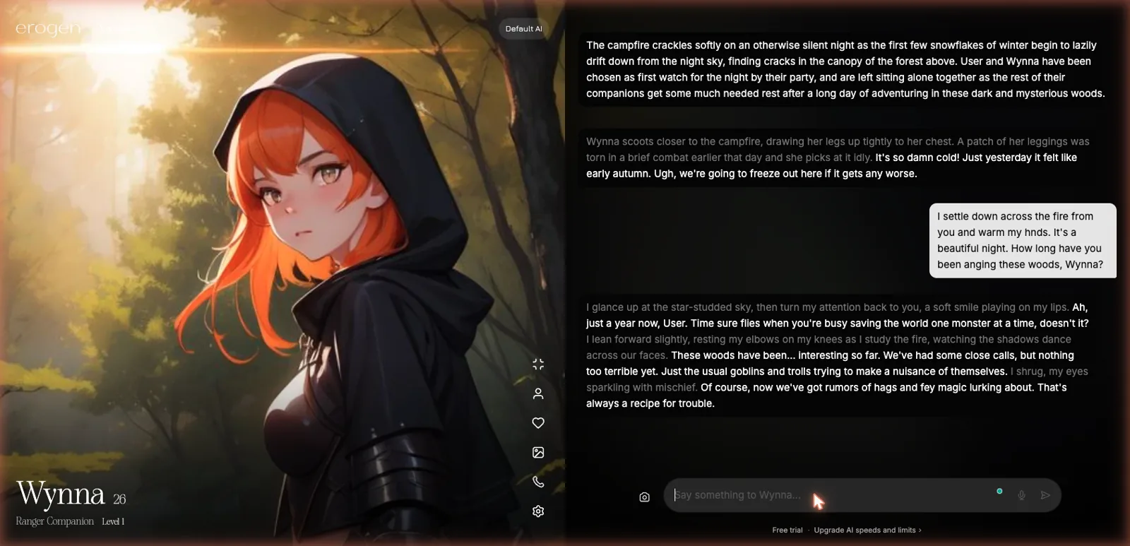 Erogen immersive chat with a fantasy ranger companion showing narrated roleplay and in-character dialogue