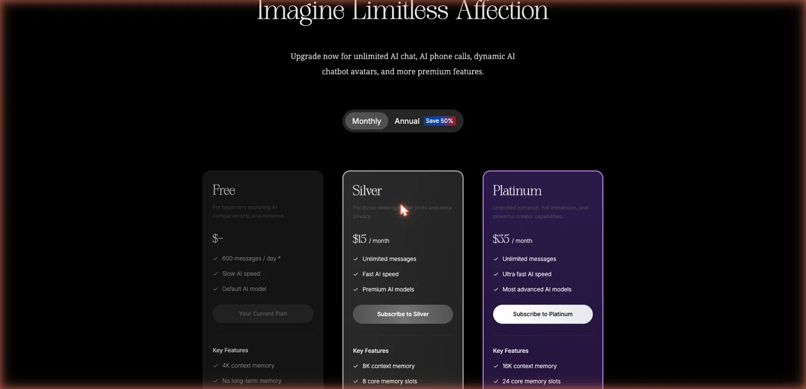 Erogen premium pricing with Free, Silver at 15 dollars, and Platinum at 35 dollars per month tiers