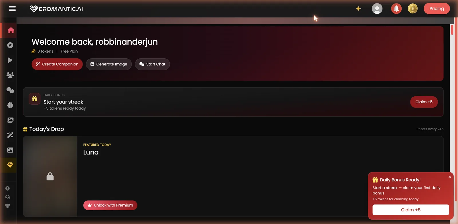 Eromantic AI dashboard showing Create Companion, Generate Image and Start Chat buttons, a free plan with zero tokens and a daily bonus streak