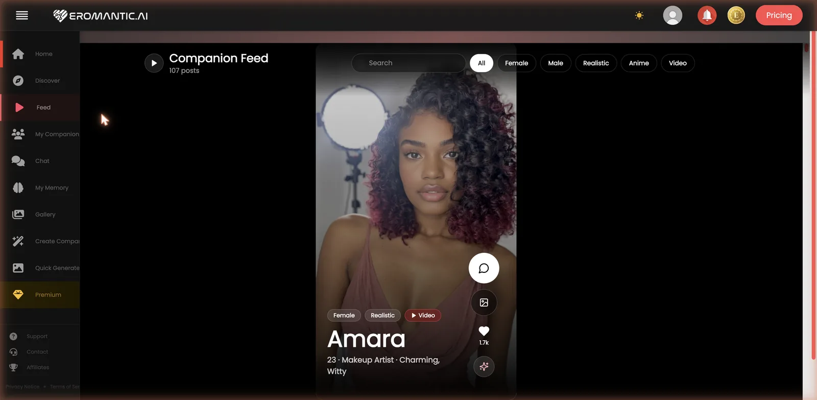 Eromantic AI companion Feed, a vertical scrollable stream of AI companions with video, filters and a chat button on each card