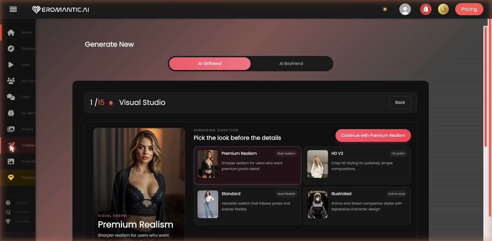 Eromantic AI Create Companion wizard step 1 of 15, choosing AI Girlfriend or Boyfriend and a rendering style like Premium Realism, HD V2, Standard or Illustrated